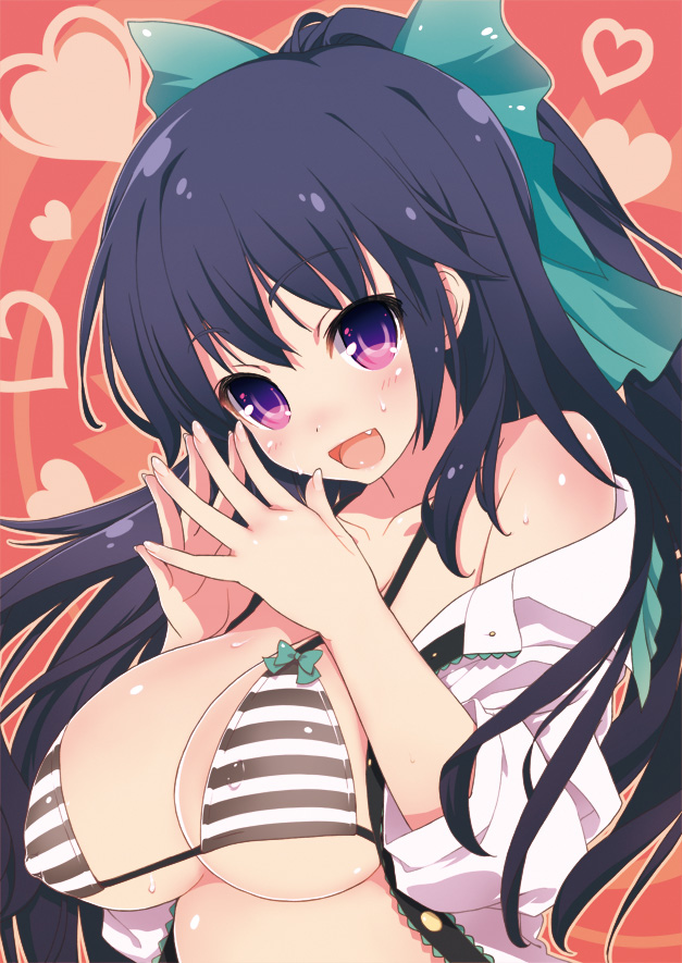 bare_shoulders bikini bikini_top black_hair bow breasts bust cleavage erect_nipples fang hair_bow hands itou_life large_breasts long_hair looking_at_viewer off_shoulder open_clothes open_mouth open_shirt purple_eyes reiuji_utsuho sleeves_pushed_up smile solo steepled_fingers striped striped_bikini striped_swimsuit swimsuit touhou violet_eyes