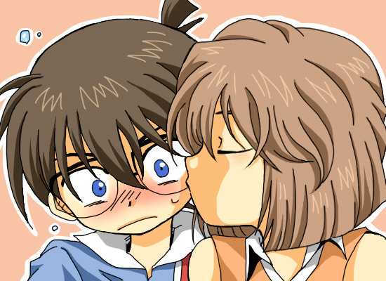 1boy 1girl blue_eyes blush brown_hair closed_eyes detective_conan edogawa_conan eyes_closed glasses haibara_ai kiss meitantei_conan short_hair wankokoya