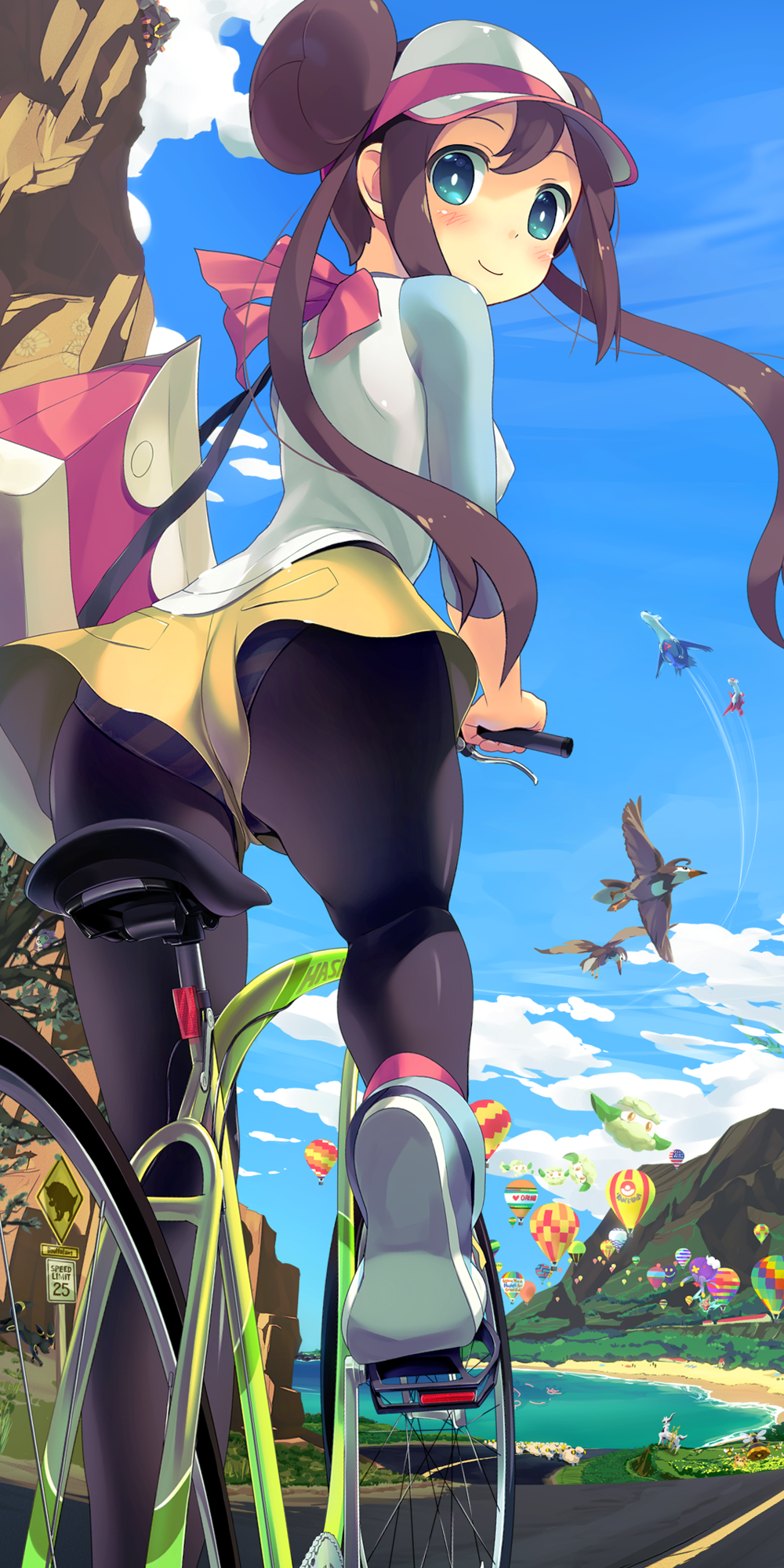 aipom arceus ass bag beach bicycle bird blue_eyes blush boldore bouffalant brown_hair character_request cliff cloud clouds combee cottonee double_bun drifblim flying fossil from_behind futago_monad highres hot_air_balloon kyogre latias latios legs legwear_under_shorts long_hair long_image looking_back mareep mei_(pokemon) mountain ocean panties panties_under_pantyhose panty_slip pantyhose pokemon pokemon_(game) pokemon_bw2 raglan_sleeves rayquaza rotom sheep shorts sky smile solo staravia striped striped_panties tall_image twintails umbreon underwear vespiquen visor_cap water