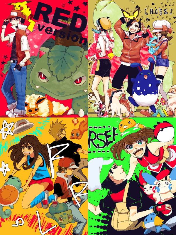 azumarill bag baseball_cap bellossom blue_(pokemon) bulbasaur charmander crystal_(pokemon) dual_persona fingerless_gloves flareon furret gloves gold_(pokemon) growlithe haru_urara haruka_(pokemon) hat holding holding_poke_ball kotone_(pokemon) meganium minun mudkip multiple_boys multiple_girls ookido_green open_mouth pichu pikachu plusle poke_ball pokemon pokemon_(creature) pokemon_(game) pokemon_frlg pokemon_gsc pokemon_hgss pokemon_rgby pokemon_rse quilava red_(pokemon) red_(pokemon)_(classic) red_(pokemon)_(remake) smile squirtle torchic totodile twintails venusaur yuuki_(pokemon)