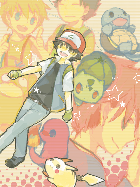 1girl 3boys backpack bag baseball_cap black_hair brown_eyes bulbasaur charmander fingerless_gloves gloves hat jacket kasumi_(pokemon) multiple_boys ookido_shigeru open_mouth pikachu pokemon pokemon_(anime) pokemon_(creature) psyduck smile squirtle star takeshi_(pokemon) tegaki walking