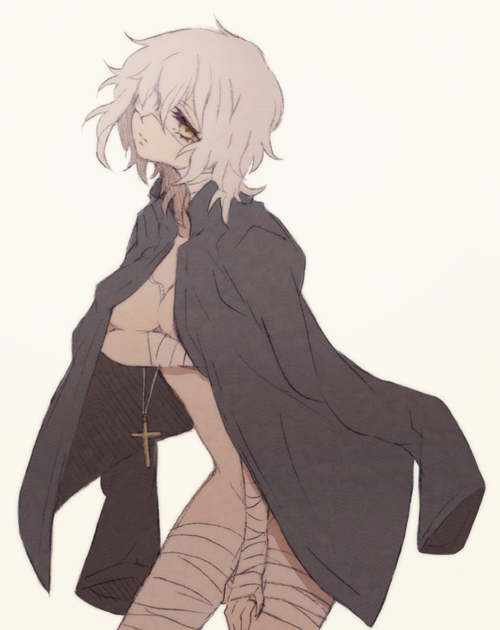 1girl bandages claudia_hortensia cross cross_necklace eyepatch fate/zero fate_(series) guilty jewelry naked_coat necklace short_hair solo wavy_hair white_hair yellow_eyes