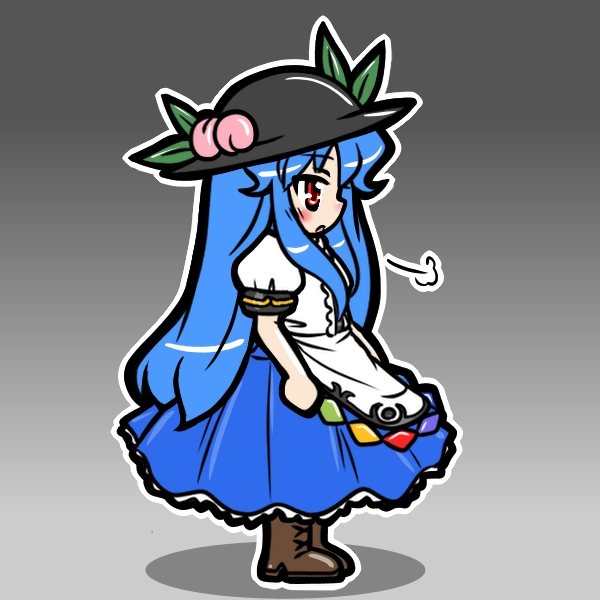 blue_hair blush chibi cross-laced_footwear eruru_(erl) eruru_(pixiv356391) food fruit gradient gradient_background hat hinanawi_tenshi leaf long_hair long_skirt open_mouth peach puffy_sleeves red_eyes short_sleeves skirt solo touhou very_long_hair