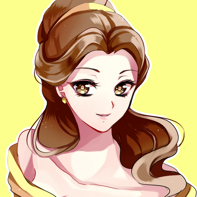 beauty_and_the_beast belle_(disney) brown_eyes brown_hair disney face hair_up kurabayashi smile solo yellow_background