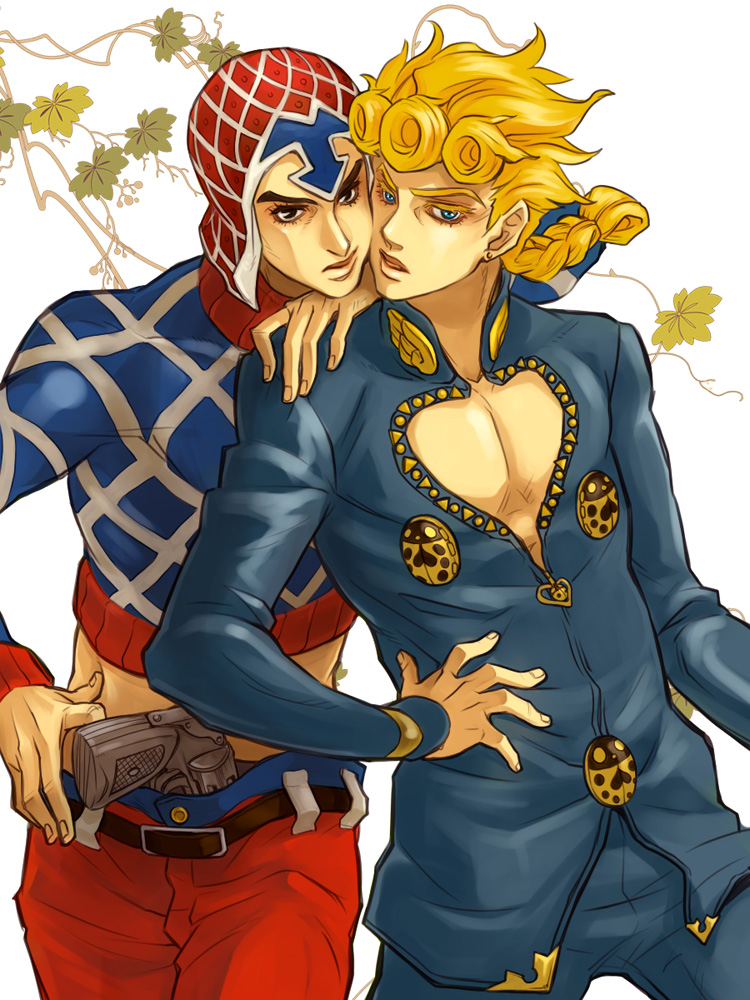 2boys black_eyes blonde_hair blue_eyes braid giorno_giovanna guido_mista gun hat jojo_no_kimyou_na_bouken midriff multiple_boys raizou weapon