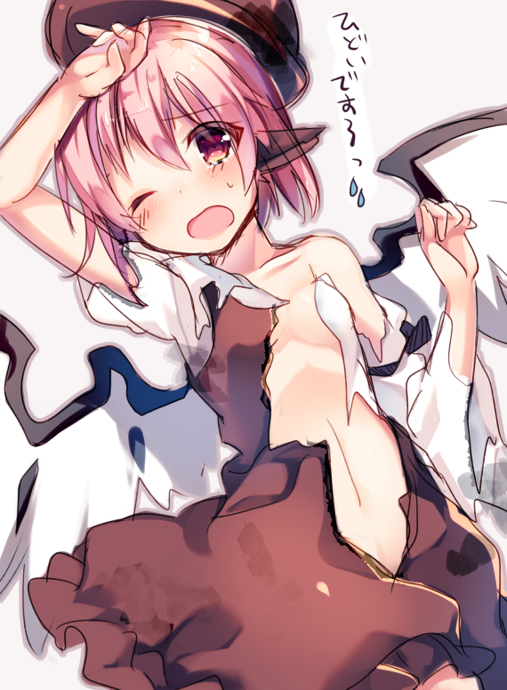1girl animal_ears arms_up bird_wings blush dress flat_chest hat looking_at_viewer morinaga_kobato mystia_lorelei navel one_eye_closed pink_hair red_eyes solo tears torn_clothes touhou translated wings