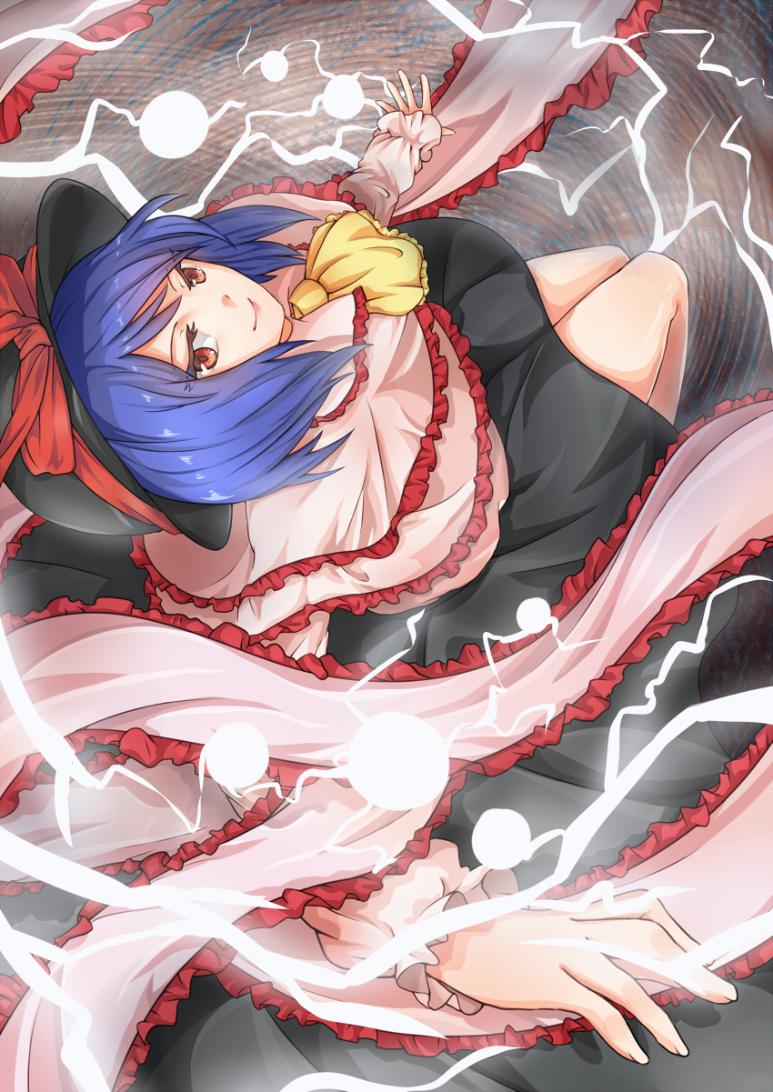 1girl ascot bad_anatomy black_skirt blue_hair capelet energy_ball frilled_shawl from_above hat hat_ribbon highres legs_together lightning long_skirt long_sleeves looking_up nagae_iku red_eyes ribbon shawl skirt solo suo_niao thighs touhou