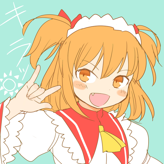 \m/ blonde_hair blush fang looking_at_viewer matching_hair/eyes open_mouth portrait posing short_hair short_twintails sisenshyo sketch smile solo sunny_milk touhou twintails two_side_up yellow_eyes