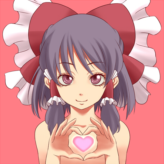ao_usagi black_hair bust hair_tubes hakurei_reimu heart heart_hands nude red_background red_eyes short_hair simple_background smile solo touhou