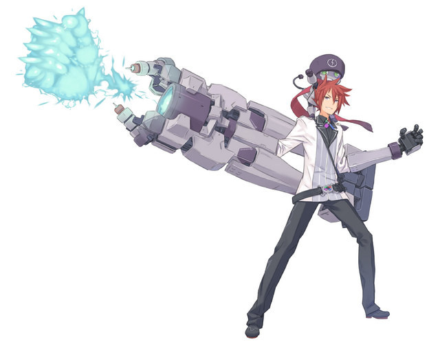 &gt;:) android belt blue_eyes clenched_hand force_(summon_night_5) grin kuroboshi_kouhaku male official_art red_hair redhead resized robotic_arms smile solo summon_night summon_night_5 transparent_background weapon