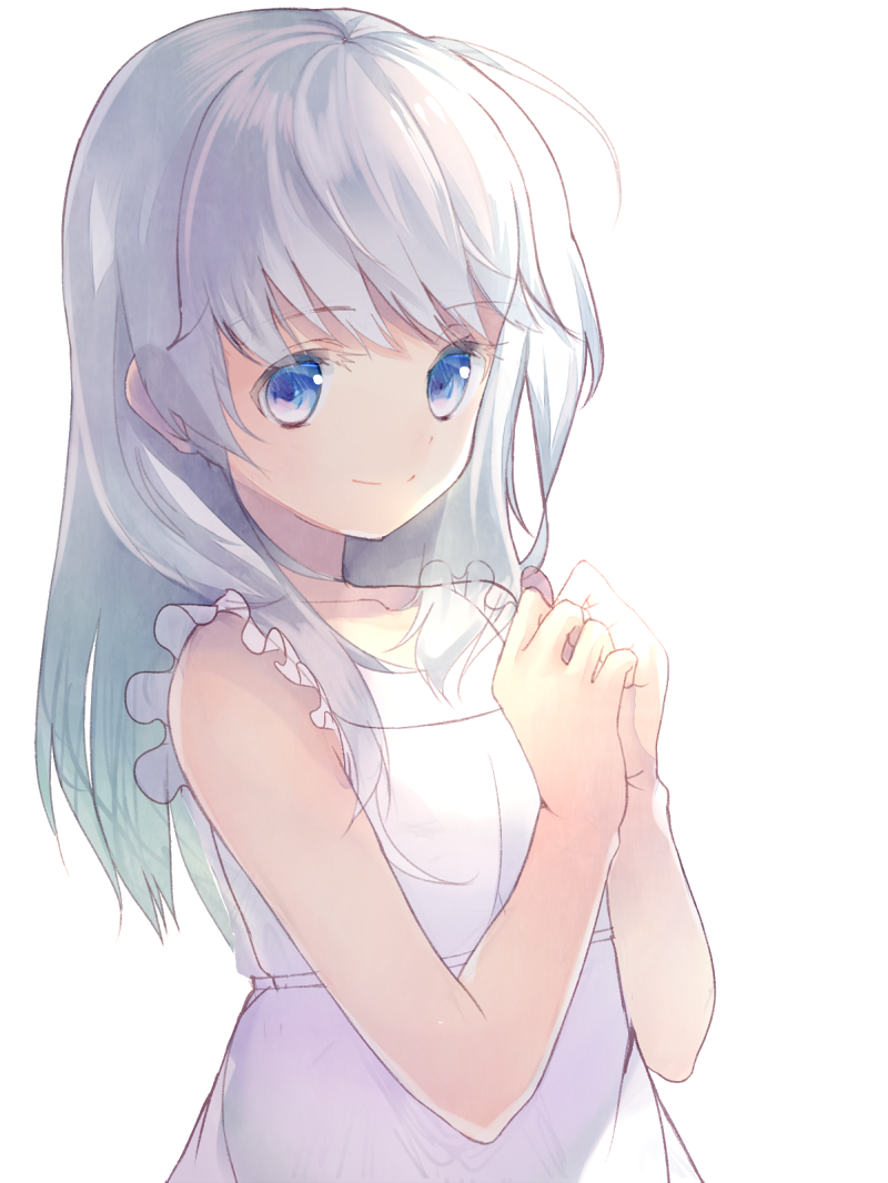 blue_eyes bust dress hands_together long_hair original silver_hair simple_background sketch sleeveless sleeveless_dress smile solo white_background yuraiko