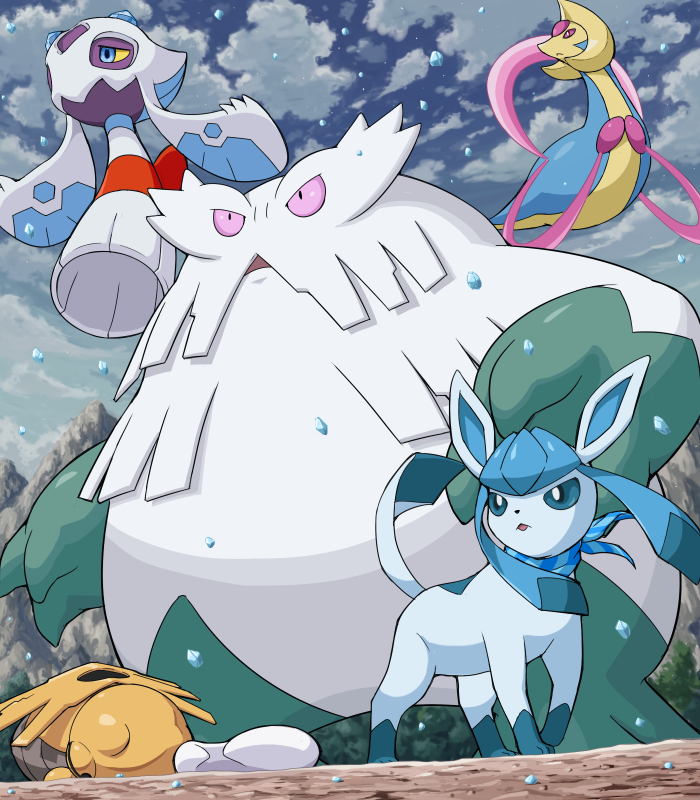 abomasnow blue_eyes cloud clouds cresselia froslass glaceon hail halo mountain no_humans open_mouth outdoors pink_eyes pokemoa pokemon pokemon_(creature) scarf shedinja sky