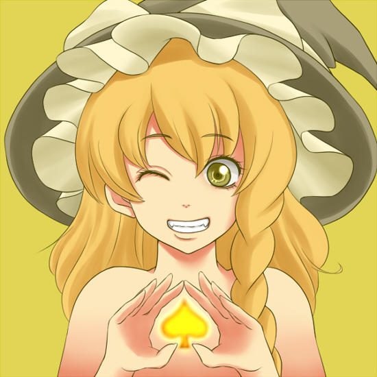 ao_usagi blonde_hair bow braid bust grin hat hat_bow kirisame_marisa long_hair nude simple_background single_braid smile solo spade touhou wink witch_hat yellow_background yellow_eyes