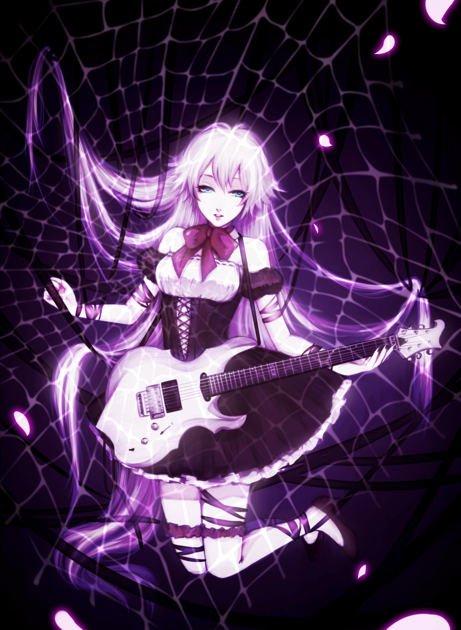 blue_eyes bow electric_guitar guitar highres ia_(vocaloid) instrument log_hair long_hair off_shoulder ohagi_(ymnky) pink_hair puffy_sleeves solo spider_web very_long_hair vocaloid