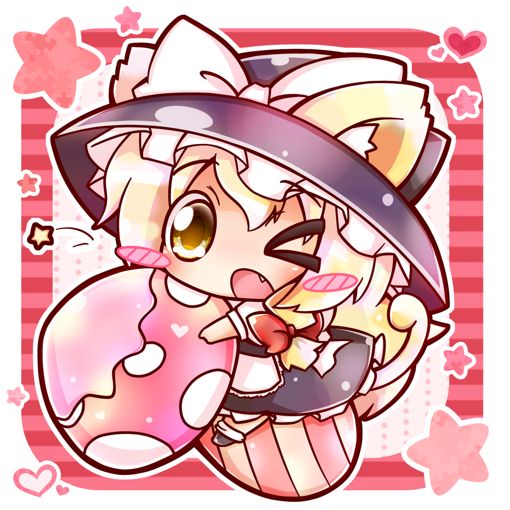 animal_ears apron blonde_hair blush_stickers bow cat_ears cat_tail fang hair_bow hat hat_bow kemonomimi_mode kirisame_marisa long_hair mushroom open_mouth ritateo solo star tail touhou wink witch_hat yellow_eyes