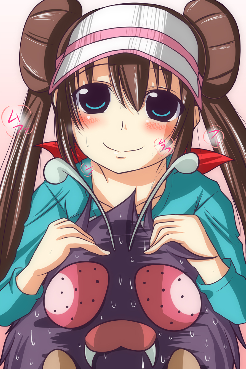 antennae blue_eyes blush brown_hair double_bun fangs hair_bun highres mei_(pokemon) monster nishi_koutarou pokemon pokemon_(game) pokemon_bw2 red_eyes smile sweat venonat visor_cap you_gonna_get_raped