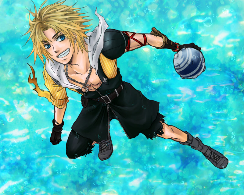 ball blonde_hair blue_eyes boots dissidia_final_fantasy final_fantasy final_fantasy_x gloves male smile solo suspenders tidus underwater yuri_(freedom)