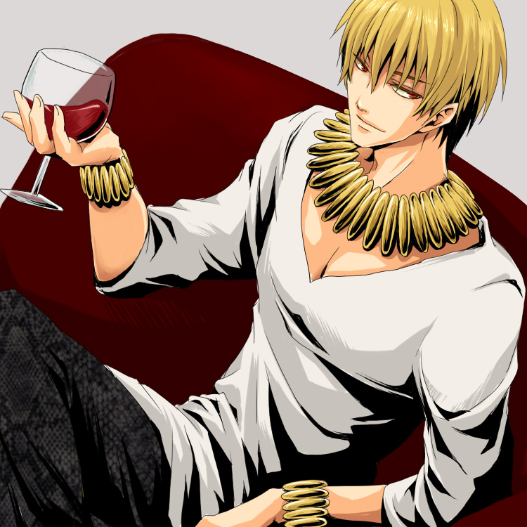 blonde_hair bracelet cup fate/zero fate_(series) gilgamesh high_contrast jewelry male necklace red_eyes sitting solo wine wine_glass yuri_(freedom)