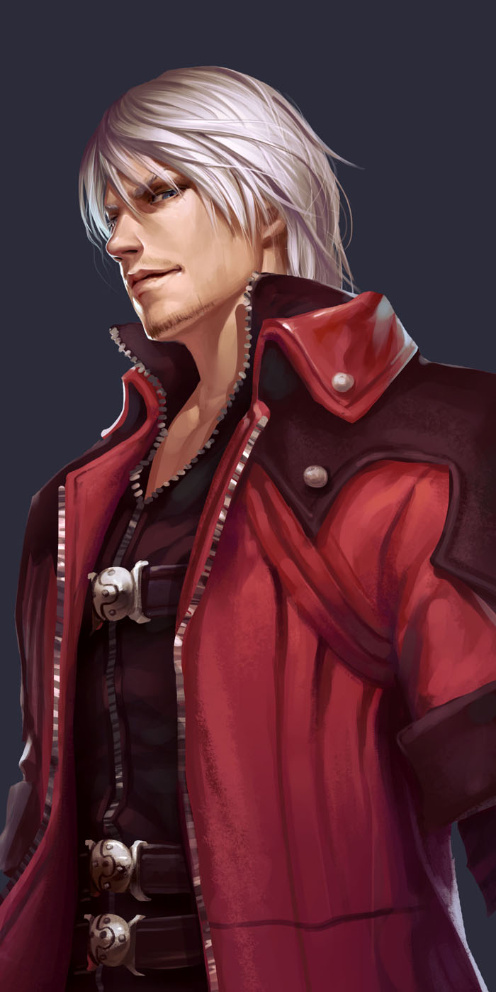 blue_eyes dante devil_may_cry devil_may_cry_4 highres jacket male red_jacket renyu1012 silver_hair solo white_hair