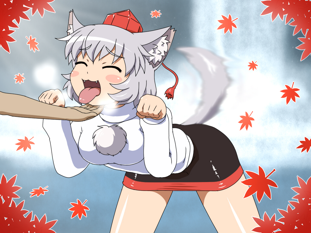 1girl ^_^ animal_ears blush blush_stickers closed_eyes fangs hand happy hat heavy_breathing inubashiri_momiji leaf leaning_forward maple_leaf miniskirt open_mouth paw_pose scratching shirosato short_hair silver_hair skirt solo spread_legs tail tail_wagging tokin_hat tongue tongue_out touhou white_hair wolf_ears wolf_tail