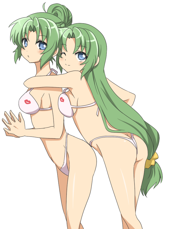 alternate_hairstyle ass bare_shoulders bikini blue_eyes breast_press breasts compacthuman green_hair hair_ribbon hands_together highleg highleg_bikini highleg_swimsuit higurashi_no_naku_koro_ni hug hug_from_behind long_hair low-tied_long_hair multiple_girls ponytail ribbon rumia_(compacthuman) siblings smile sonozaki_mion sonozaki_shion standing swimsuit thong_bikini twins wink