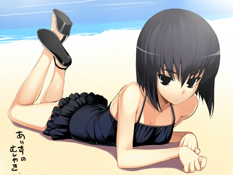 bare_legs bare_shoulders beach black_eyes black_hair black_swimsuit casual_one-piece_swimsuit crossed_legs_(lying) kuonji_alice looking_at_viewer lying mahou_tsukai_no_yoru namonashi on_stomach one-piece_swimsuit short_hair solo swimsuit