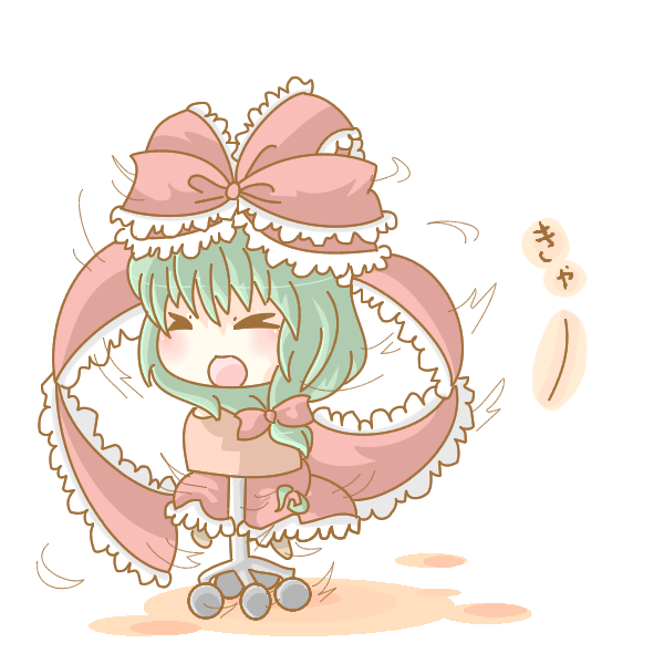 &gt;_&lt; :d blush bow chair chibi closed_eyes doromizu front_ponytail green_hair hair_bow hair_ornament hair_ribbon kagiyama_hina office_chair open_mouth ribbon simple_background smile solo spinning touhou white_background xd