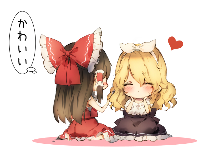 2girls :t ^_^ ass bare_arms bare_shoulders barefoot black_skirt blonde_hair blush bow brown_hair chibi closed_eyes commentary_request eyebrows_visible_through_hair frilled_bow frills from_behind full_body hair_between_eyes hair_bow hair_tubes hairband hakurei_reimu hands_on_own_face heart holding holding_spoon kirisame_marisa long_hair multiple_girls petticoat piyokichi puffy_short_sleeves puffy_sleeves red_bow red_skirt sarashi shirt short_sleeves sidelocks simple_background sitting skirt spoon thought_bubble touhou translated wavy_hair white_background white_bow white_hairband white_shirt