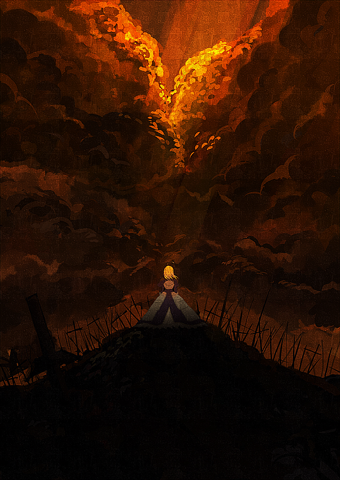 armor armored_dress blonde_hair cloud clouds dress fate/zero fate_(series) field_of_blades from_behind saber sky solo yosimurarisa