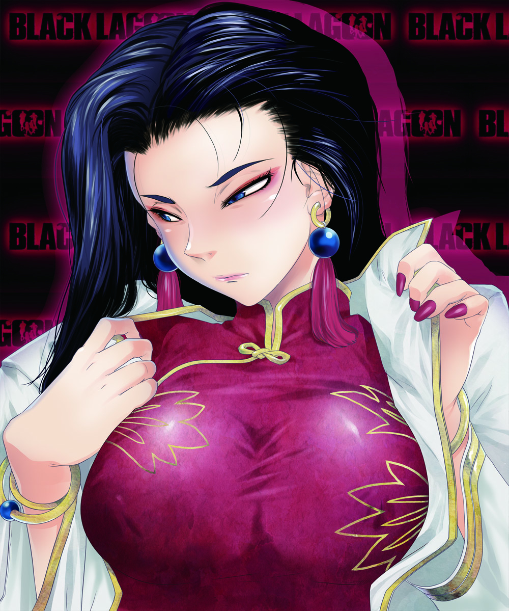 black_lagoon blue_eyes blush bracelet breasts bust chinese_clothes earrings face jewelry long_hair shenhua tomotsuka_haruomi