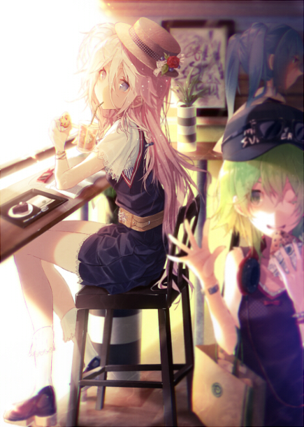 aqua_hair blue_eyes blurry casual depth_of_field green_eyes green_hair gumi hat hatsune_miku ia_(vocaloid) indoors long_hair looking_at_viewer mouth_hold multiple_girls pink_hair shiranori skirt smile vocaloid wink