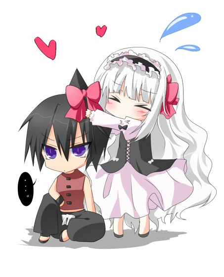 &gt;_&lt; 1boy 1girl bad_id bare_shoulders blush bow chibi closed_eyes couple dress eyes_closed flying_sweatdrops hair_bow hair_ribbon hairband heart iron_maiden_jeanne long_hair nemokochi no_nose purple_eyes ribbon shaman_king silver_hair sitting tao_ren tetsu_tissue very_long_hair violet_eyes