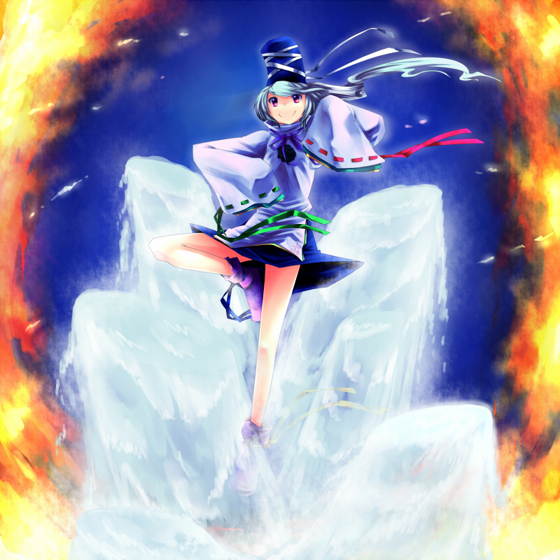 1girl 33kudo bare_legs fire grey_hair hat japanese_clothes kariginu long_sleeves looking_at_viewer mononobe_no_futo ponytail shoes skirt sleeves_past_wrists smile solo tate_eboshi touhou violet_eyes water wide_sleeves