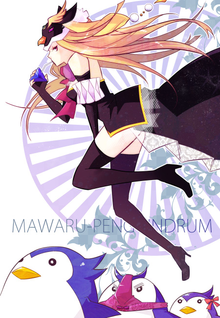 animal_hat areri bare_shoulders black_legwear boots brown_hair elbow_gloves gloves hat mawaru_penguindrum object_on_head panties panties_on_head penguin_1-gou penguin_2-gou penguin_3-gou pink_eyes princess_of_the_crystal solo takakura_himari thigh-highs thigh_boots thighhighs underwear