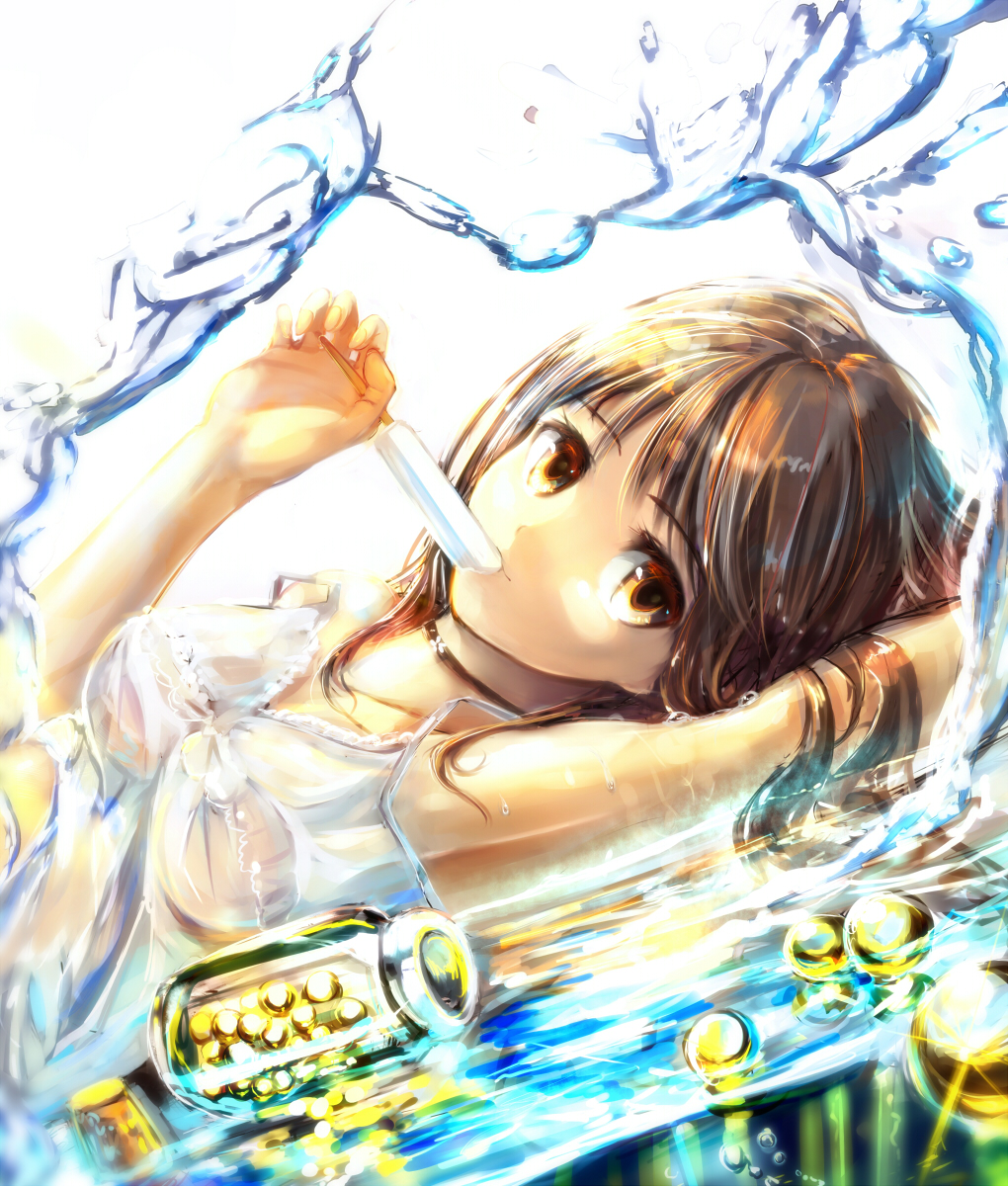 arm_up arms_up bottle brown_eyes brown_hair cork dress gloves highres holding looking_at_viewer lying marble original popsicle sakura_ani short_hair solo sundress water wet wet_clothes