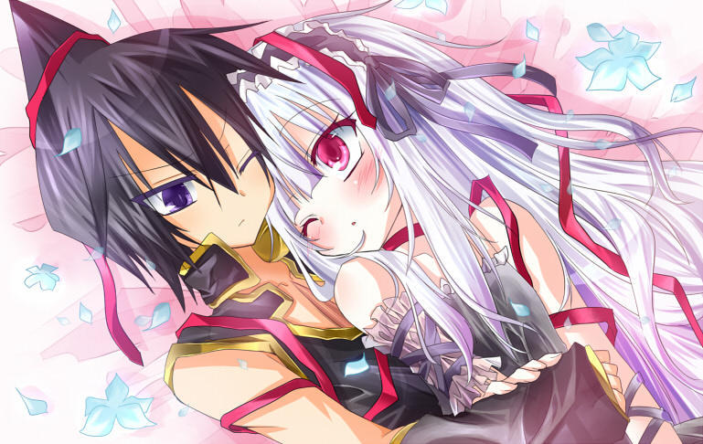 1girl bad_id bare_shoulders black_hair blush couple dress dutch_angle flower hair_ornament hair_ribbon hairband hug hug_from_behind iron_maiden_jeanne long_hair nemokochi petals purple_hair red_eyes ribbon shaman_king short_hair silver_hair tao_ren tetsu_tissue wink