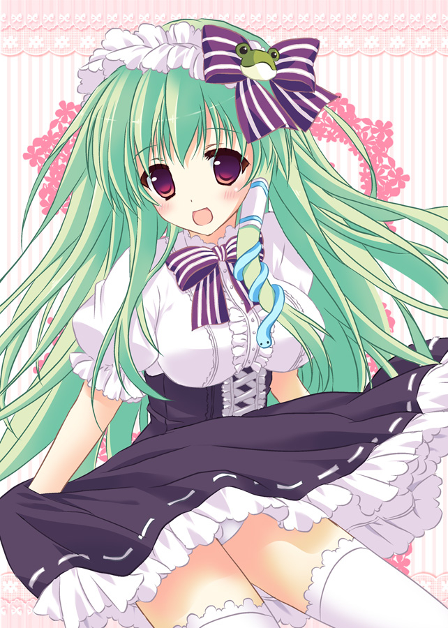 alternate_costume blush bow frog_hair_ornament green_hair hair_bow hair_ornament hair_tubes kochiya_sanae long_hair maid maid_headdress open_mouth puffy_sleeves purple_eyes short_sleeves snake_hair_ornament solo thigh-highs thighhighs touhou tsukiji very_long_hair violet_eyes white_legwear