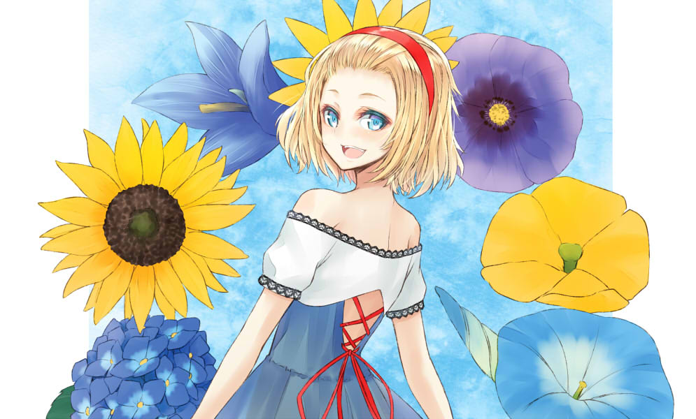 :d alice_margatroid alternate_costume bare_shoulders blonde_hair blue_eyes dress flower forehead from_behind hydrangea looking_back nabeshima_tetsuhiro open_mouth short_hair smile solo sunflower touhou