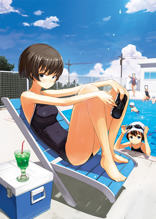 bare_legs bare_shoulders barefoot black_hair blue_eyes blue_sky cloud cooler drink feet feet_on_chair goggles goggles_on_head ice looking_at_viewer lounge_chair maeda_risou multiple_girls one-piece_swimsuit original playstation_portable pool school_swimsuit short_hair sitting sky swim_cap swimming swimsuit telephone_pole