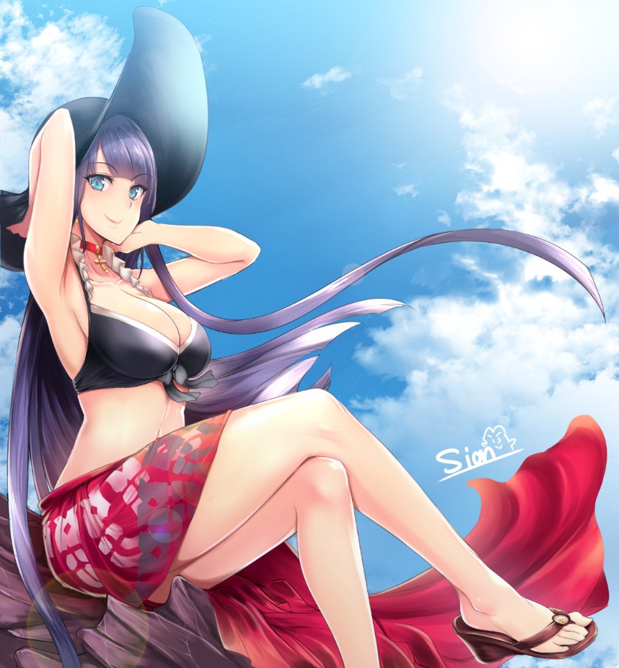 1girl armpits arms_behind_head arms_up artist_name bangs bare_shoulders black_bikini_top black_hat blue_eyes blue_sky blunt_bangs breasts choker cleavage closed_mouth clouds collarbone cross fate/grand_order fate_(series) feet hat large_breasts legs legs_crossed long_hair looking_at_viewer looking_to_the_side navel purple_hair red_sarong saint_martha saint_martha_(swimsuit_ruler)_(fate) sandals sian signature sitting sky smile solo sun_hat sunlight thighs waist