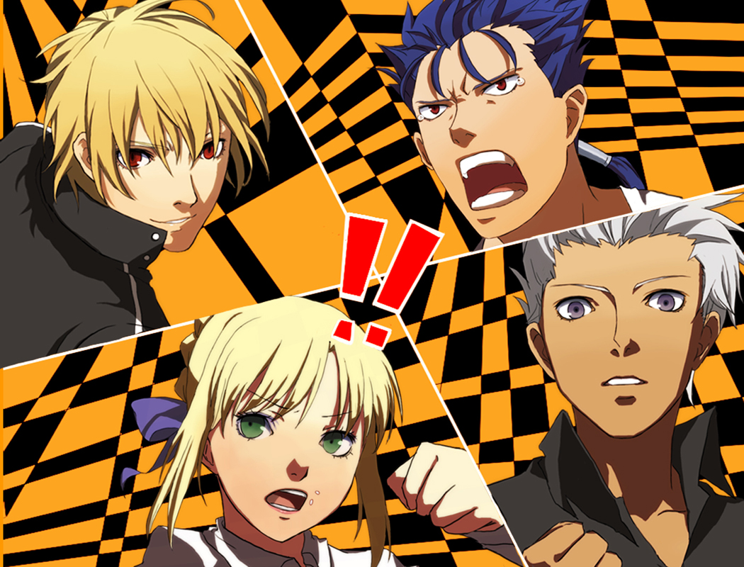 1girl 3boys all-out_attack archer asarihamaguri bad_id blonde_hair blue_hair dark_skin earrings fate/stay_night fate_(series) food food_on_face gilgamesh green_eyes grey_eyes jewelry lancer long_hair multiple_boys parody persona persona_4 ponytail red_eyes saber style_parody white_hair