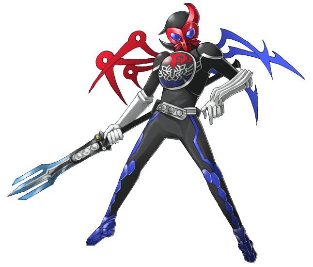 crossover female houjuu_nue kamen_rider kamen_rider_ooo_(series) looking_at_viewer mazeran parody polearm pose simple_background solo touhou transparent_background trident weapon wings