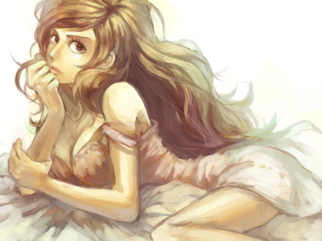 bare_shoulders bed_sheet breasts brown_eyes brown_hair camisole chin_rest cleavage long_hair looking_at_viewer lupin_iii lying mine_fujiko momo_alto on_stomach parted_lips solo strap_slip very_long_hair