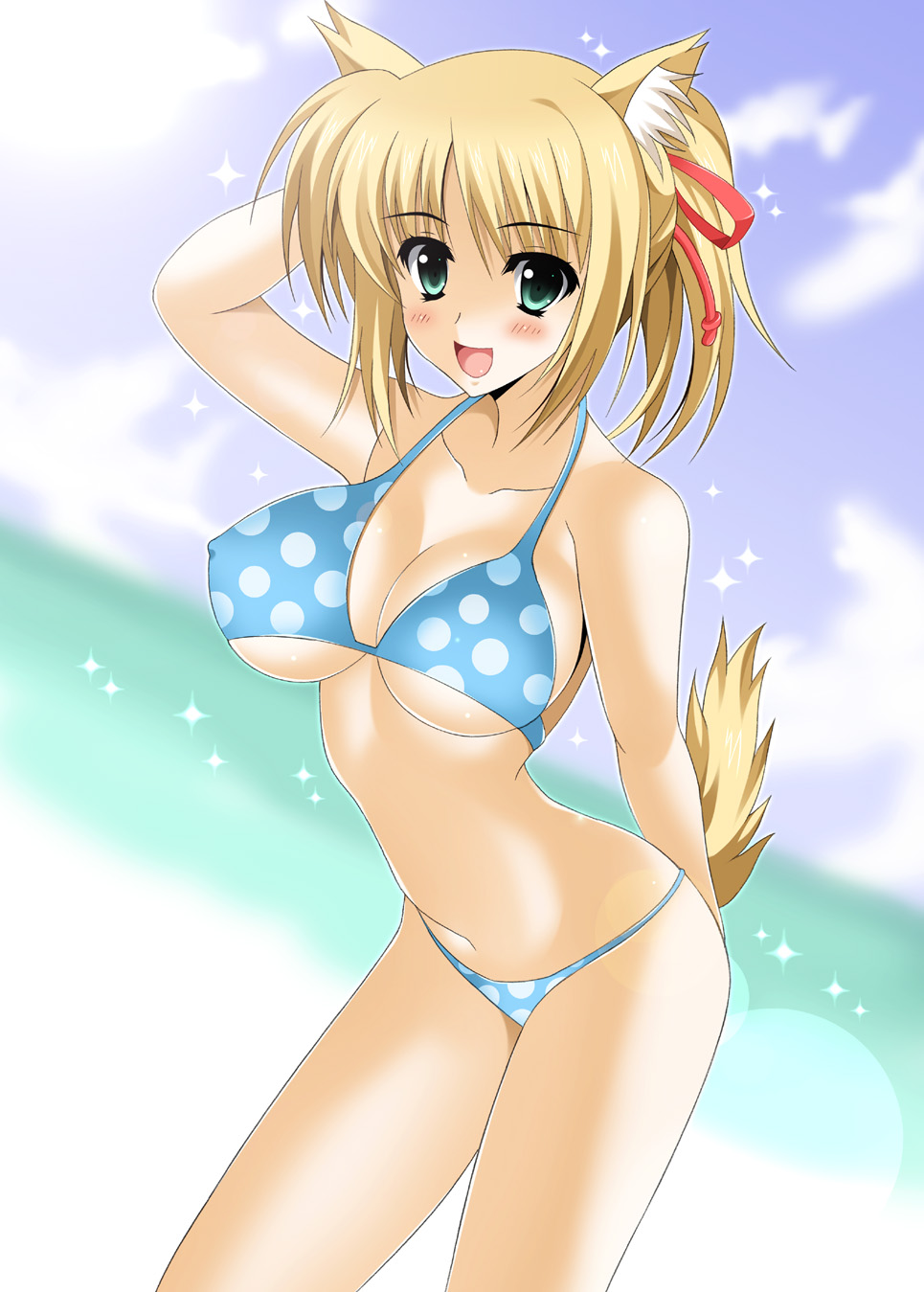 bikini blonde_hair blush breasts dog_days fox_ears fox_tail green_eyes hair_ribbon highres large_breasts oda_ken'ichi oda_ken'ichi open_mouth ribbon solo swimsuit tail yukikaze_panettone