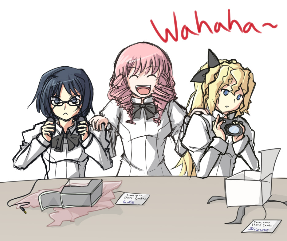 :&lt; ^_^ blind blonde_hair blue_eyes blue_hair box camera closed_eyes cousins cyzir_visheen deaf drill_hair eyes_closed glasses hakamichi_shizune headphones katawa_shoujo laughing mikado_shiina multiple_girls open_mouth pink_hair ponytail quad_drills satou_lilly school_uniform you're_doing_it_wrong