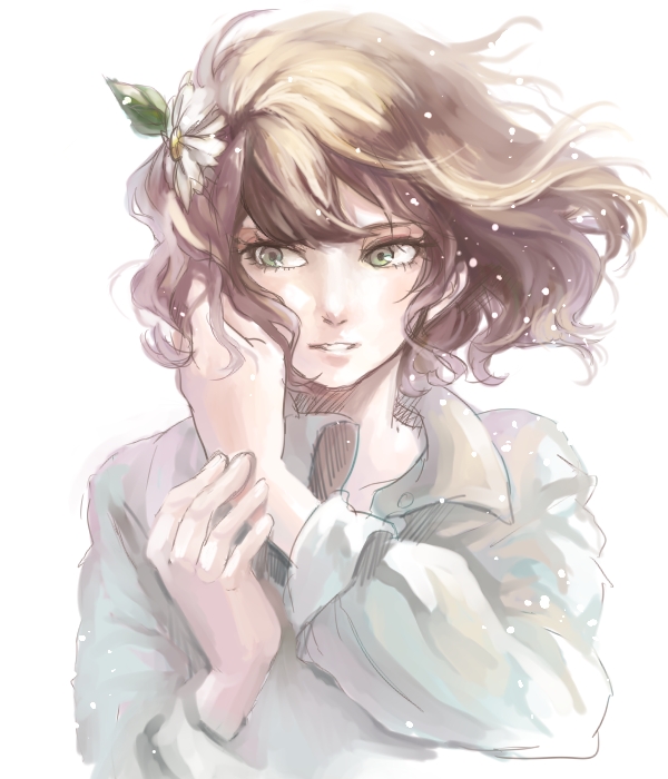 androgynous brown_hair bust dress_shirt flower green_eyes hair_flower hair_ornament hand_on_own_face light_particles long_sleeves momo_alto original parted_lips shirt short_hair simple_background solo white_background wind