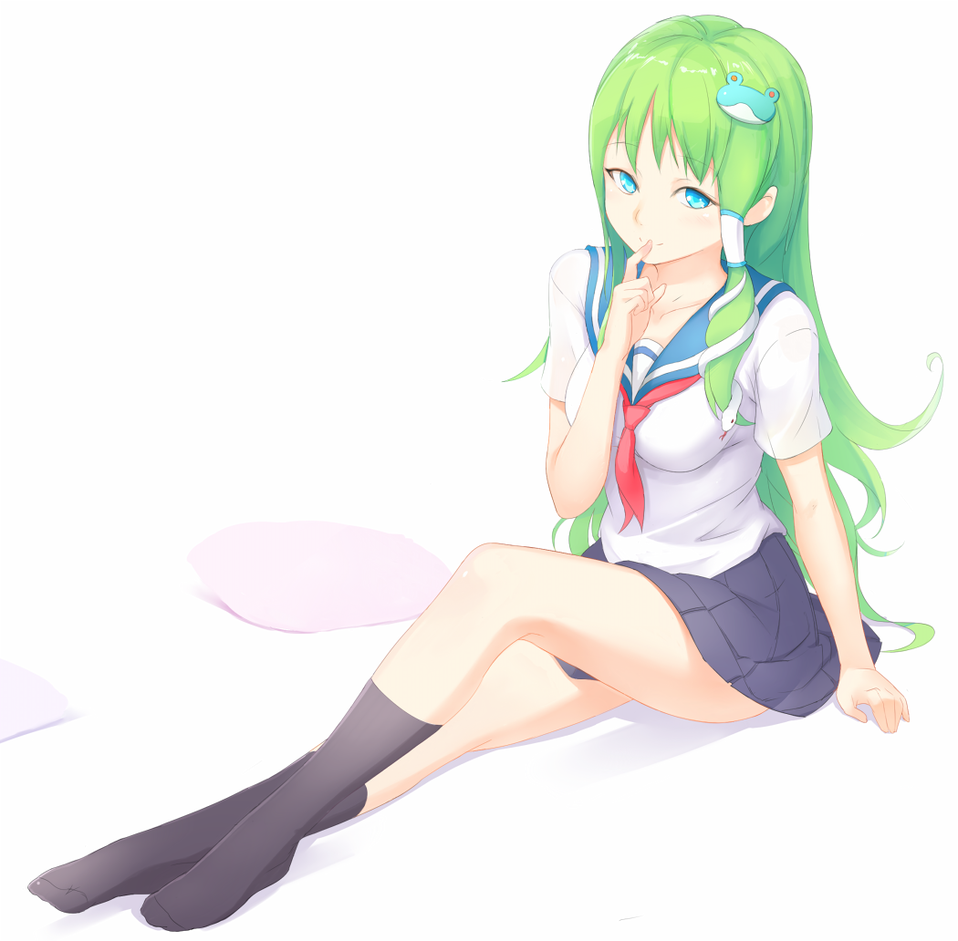 alternate_costume blue_eyes collarbone finger_to_mouth frog_hair_ornament green_hair hair_ornament hair_tubes kochiya_sanae kyokucho legs long_hair school_uniform serafuku short_sleeves simple_background sitting skirt smile snake snake_hair_ornament solo touhou very_long_hair white_background