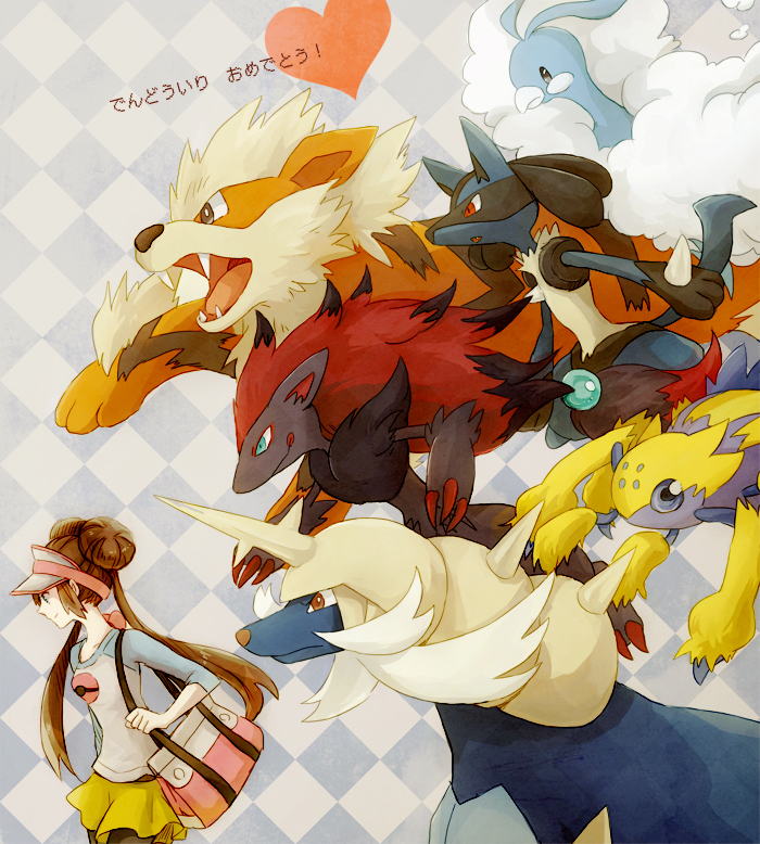 altaria arcanine bag black_legwear brown_hair checkered checkered_background creature double_bun galvantula heart kuru lucario mei_(pokemon) nintendo pantyhose pokemon pokemon_(game) pokemon_bw2 raglan_sleeves samurott shoulder_bag skirt smile twintails visor_cap zoroark