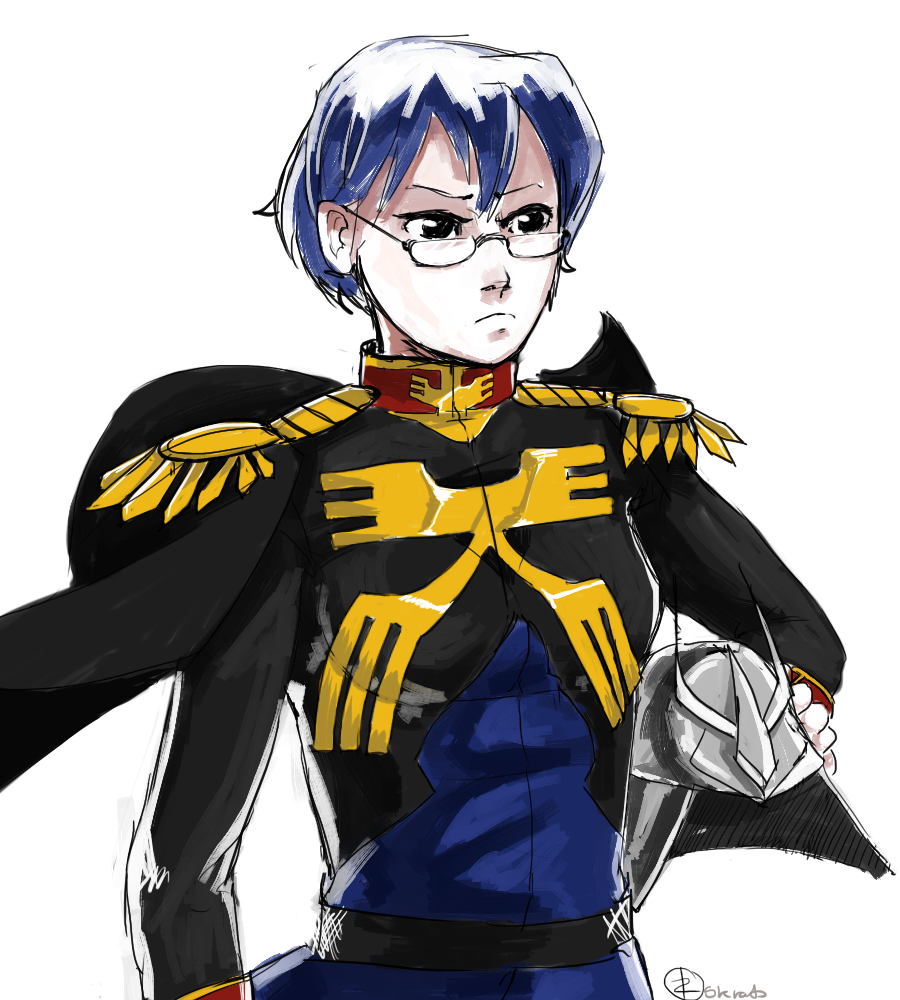 1girl blue_eyes blue_hair cape cosplay crossover epaulettes glasses gundam hakamichi_shizune headwear_removed helmet helmet_removed katawa_shoujo military military_uniform mobile_suit_gundam semi-rimless_glasses short_hair skrats solo uniform zeon