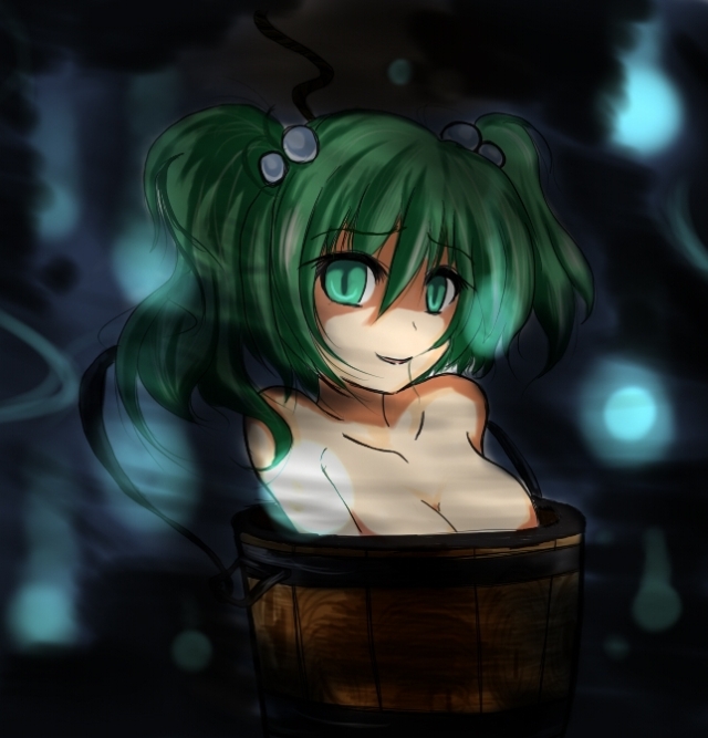 bare_shoulders breasts bucket cleavage collarbone green_eyes green_hair hair_bobbles hair_in_mouth hair_ornament in_bucket in_container kisume nude open_mouth short_hair solo touhou twintails yamii